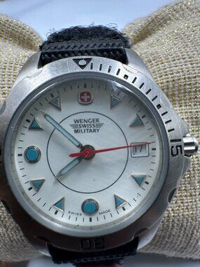 Wenger Swiss Military Watch Women Silver Tone Black Nylon Strap 7908X Works